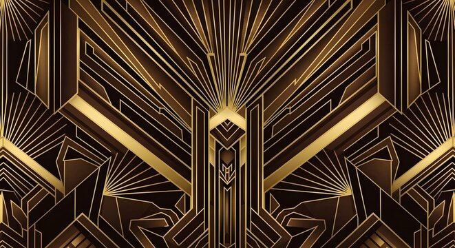 Golden Geometric Symmetry: A meticulously crafted Art Deco pattern with sharp angles and symmetrical composition, evoking the luxury and elegance of the roaring twenties.