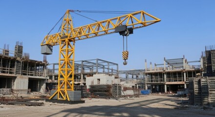 Yellow tower crane dominates construction site under blue sky