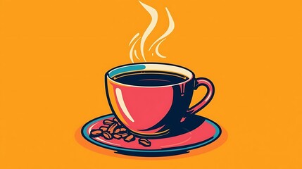 Obraz premium Steaming cup of coffee with beans on a saucer