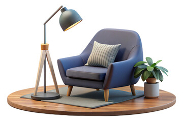 A stylish and minimalist living room with a rich dark blue wall, a comfortable tan leather armchair, and ample copy space- 3D rendering
