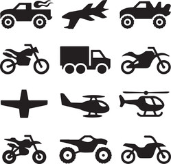 Naklejka premium Transportation Vehicles Silhouette Icons Collection Keywords: car, truck, airplane, jet, motorcycle
