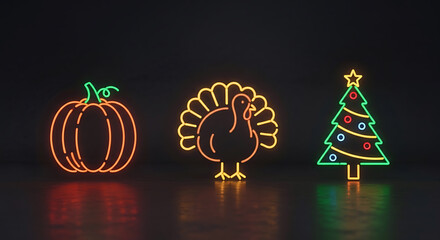 Holiday lights shaped like pumpkin turkey and christmas tree on black background