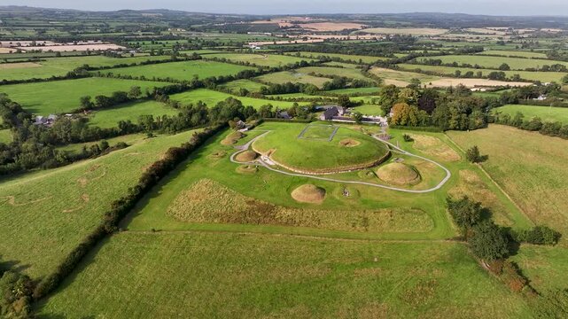 Aerial drone view of megalithic tomb. Knowth, Ireland. Historical landmark, tourist attraction.