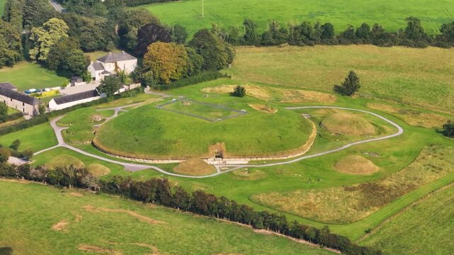 Irish heritage site of Knowth megalithic passage tomb from Neolith, prehistoric Ireland. Drone