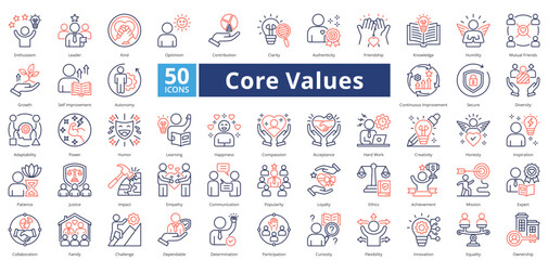 Core Values dual tone style contains 50 icons including knowledge, humility, mutual friends, growth, self improvement, autonomy, continuous improvement simple vector 
