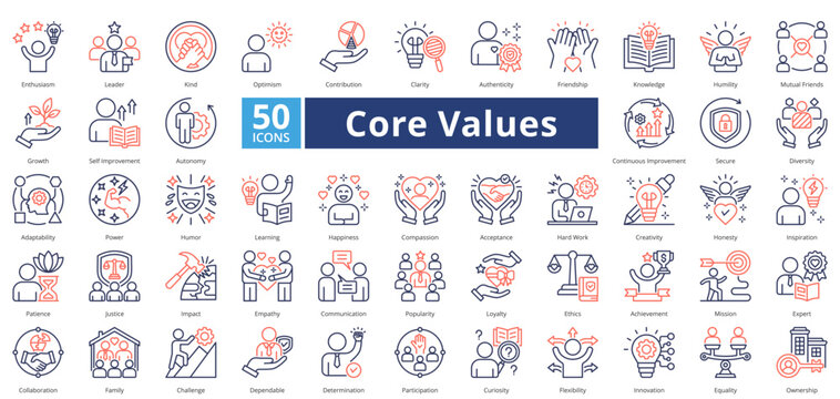 Core Values dual tone style contains 50 icons including knowledge, humility, mutual friends, growth, self improvement, autonomy, continuous improvement simple vector 