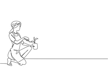 Woman kneels planting seedling in pot in continuous line draw style, showcasing nature concept, outdoor health activity, and recognition of eco-friendly lifestyle for National Gardening Exercise Day