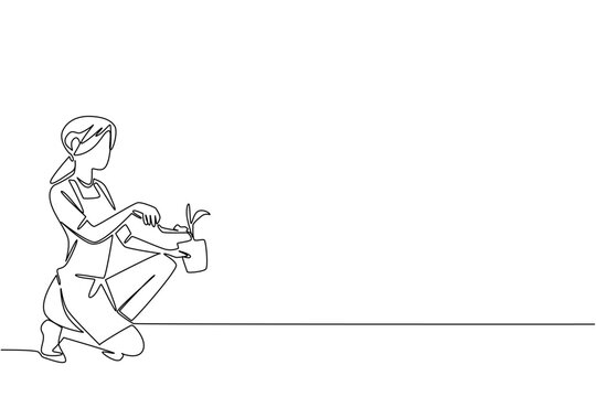 Woman kneels planting seedling in pot in continuous line draw style, showcasing nature concept, outdoor health activity, and recognition of eco-friendly lifestyle for National Gardening Exercise Day