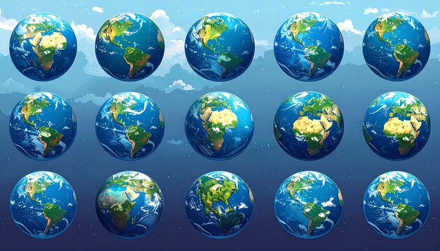 Multiple stylized representations of Earth in various orientations, showcasing different views of the planet's surface features.