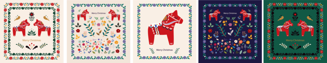 Christmas traditioanal vintage design with red Scaninavian horse. Christmas greeting cards. Christmas illustration in Scandinavian style with traditional Christmas elements