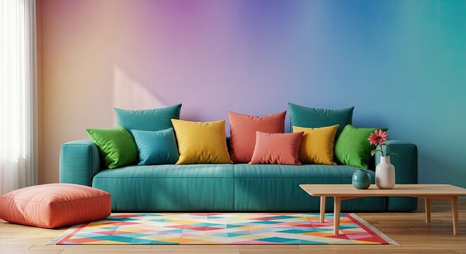 Interior view of a living room with a turquoise sofa, colorful pillows, a rug, and a small table against a gradient wall.