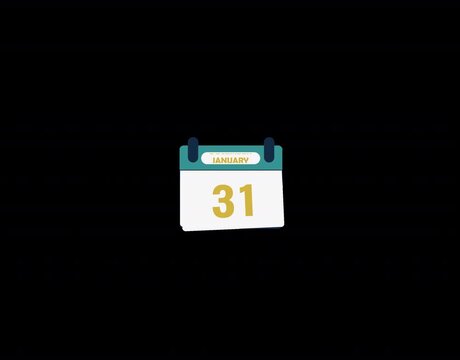 Animated calendar flipping from December 31 to January 1 on a dark background, symbolizing New Year celebration, time change, fresh beginnings, countdown, and seasonal motion design elements.  
