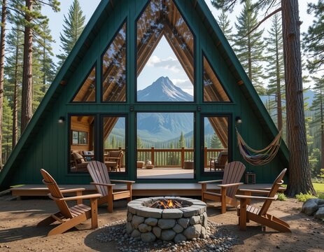 Cozy A-frame cabin nestled in a serene forest with a stunning mountain view, perfect for relaxation. - Powered by Adobe