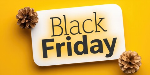 Bold black friday text on bright yellow background with pine cones for holiday shopping promotion
