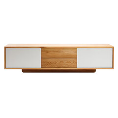 Stylish wooden TV stand with a minimalist design in white and natural wood, ideal for modern interiors