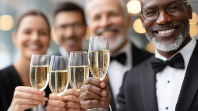 Diverse group celebrates by enjoying champagne at elegant formal event, perfect for social gatherings and celebratory occasions