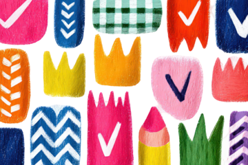 Colorful Abstract Pattern with Checkmarks and Crowns