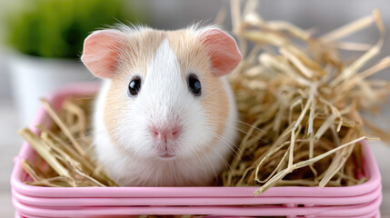 Adorable guinea pig in pink cage with hay depicting responsible pet ownership and care for small animals