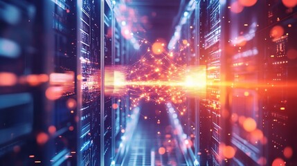 Obraz premium Two abstract quantum computers connected by glowing energy beam with blurred futuristic laboratory background, symbolizing groundbreaking science, advanced technology, innovation, data processing