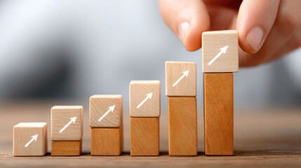 Kpi performance measurement with wooden blocks arranged by hand to represent business growth and success strategy