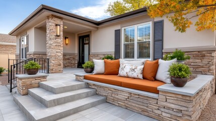 Luxurious stamped concrete patio with elegant outdoor seating for relaxation and entertaining in a modern home environment