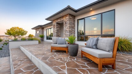 Elegant outdoor living space featuring luxurious stamped concrete patio and stylish seating for modern relaxation and entertaining