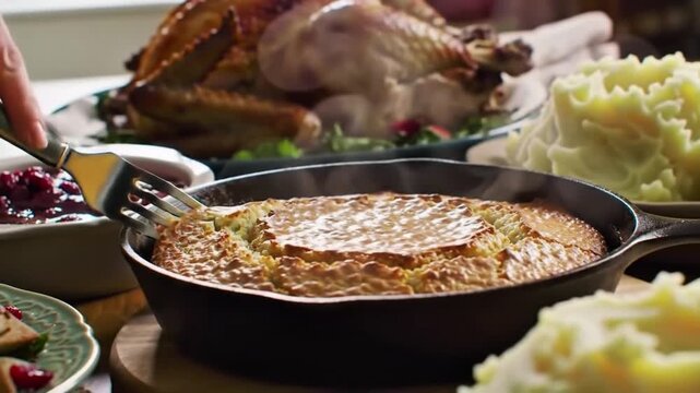 Freshly baked cornbread in a cast iron skillet with a warm and rustic mood for Thanksgiving meal with copy space