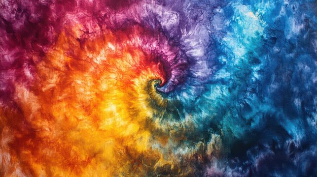 Vibrant spiral tie-dye pattern in rainbow colors.