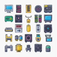 A vibrant collection of essential electronic components, computer hardware, and digital devices. This flat illustration features modern and retro technology elements for design concepts
