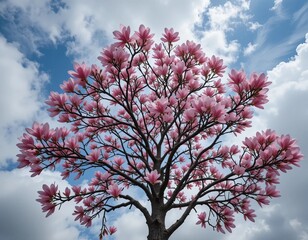 Beautiful blooming magnolia tree with delicate pink flowers against a vibrant blue sky with fluffy clouds.