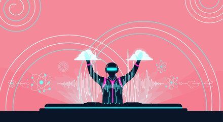 Futuristic DJ performing with virtual clouds and scientific elements illustration