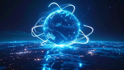 Global Network Connection: Digital Earth with Data Streams and City Lights - Powered by Adobe