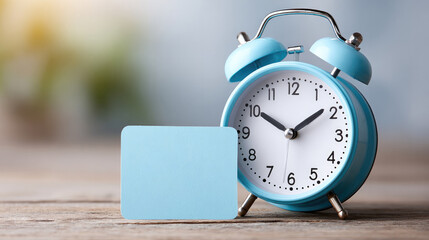 Concept of paid time off reminder with blue alarm clock on wood surface for workplace awareness campaign
