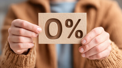 Zero percent symbol embossed on cardstock held in hand – concept of discount, financial savings, and promotional design