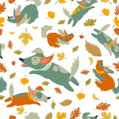 Seamless vector pattern,funny dogs playing with autumn leaves