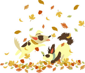 Funny dogs playing with autumn leaves. Vector illustration