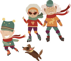 Grandmother with her happy grandchildren skate on rollers. Vector ilustration