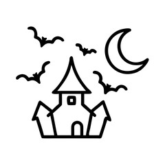 An icon of a haunted Halloween house with a pumpkin roof, bats flying in the night sky