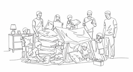Obraz premium Family building a pillow fort together in their living room.