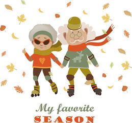 Cartoon active old couple, man and woman doing sport. Vector illustration