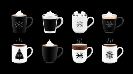 Obraz premium Collection of whimsical Christmas mugs filled with warm drinks bringing holiday cheer to cozy gatherings