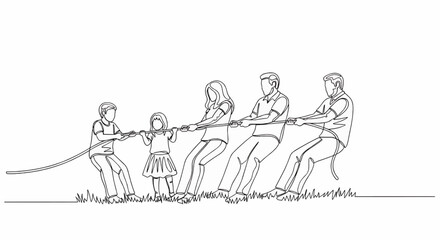 Obraz premium A continuous line drawing of a family playing tug-of-war.