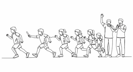 Naklejka premium Children running a relay race, parents cheering.