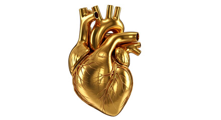 Golden anatomical heart sculpture symbolizing luxury health and medical research with intricate details and a metallic sheen on transparent background