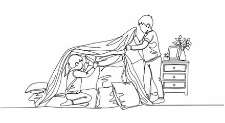 Obraz premium Two children build a fort using blankets and pillows.