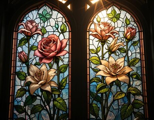 Beautiful stained glass windows feature intricate floral designs with roses and lilies illuminated by warm sunlight.