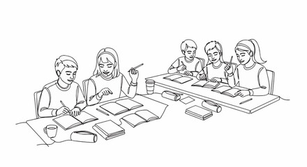 Children studying at desks, a continuous line drawing.