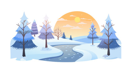 Winter landscape illustration of snowy trees river and sunset for christmas holiday background vector design