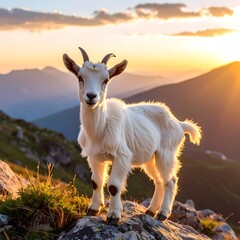 Obraz premium Adorable baby goat on mountaintop at sunset
