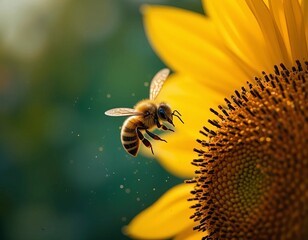 Busy bee collects nectar from a vibrant sunflower in a sunny garden